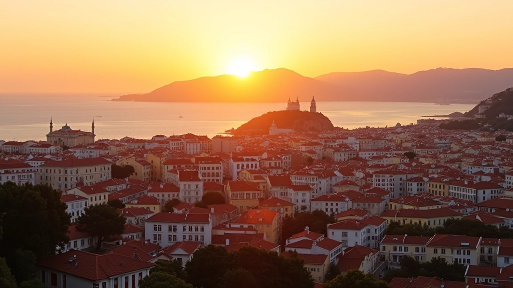 Aerial view of Lisboa cityscape showing neighborhoods and streets with warm golden hour lighting
