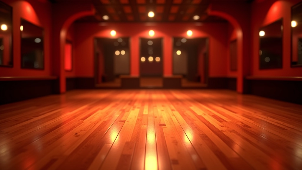 Dance floor with polished wooden surface, mirrors on wall, and proper stage lighting setup in professional venue