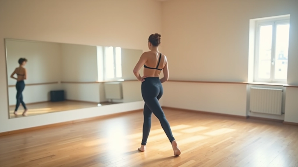 Dance studio with mirrors showing dancer practicing basic bachata steps alone