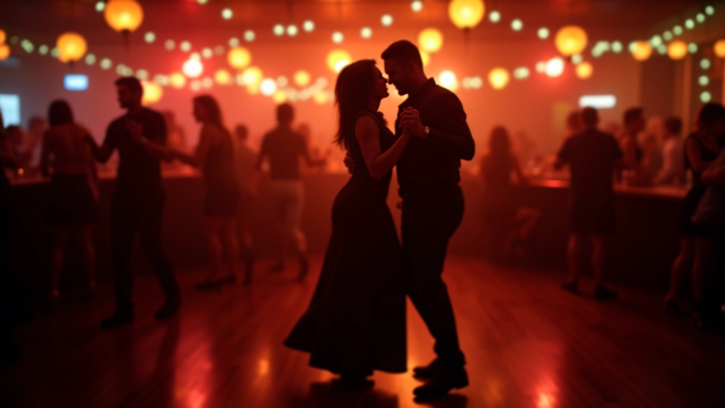 Dancers in Lisboa nightclub during evening bachata session with warm ambient lighting and wooden dance floor