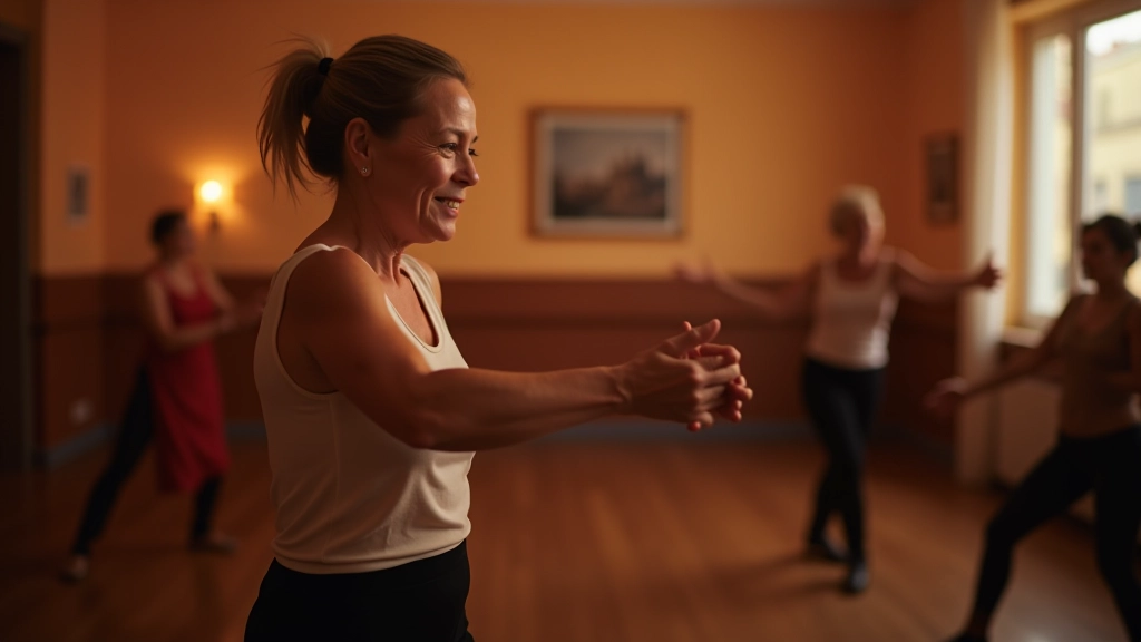 Adult dancer in a studio, arms raised confidently during a dance move, smiling, wearing comfortable dance clothes, warm studio lighting