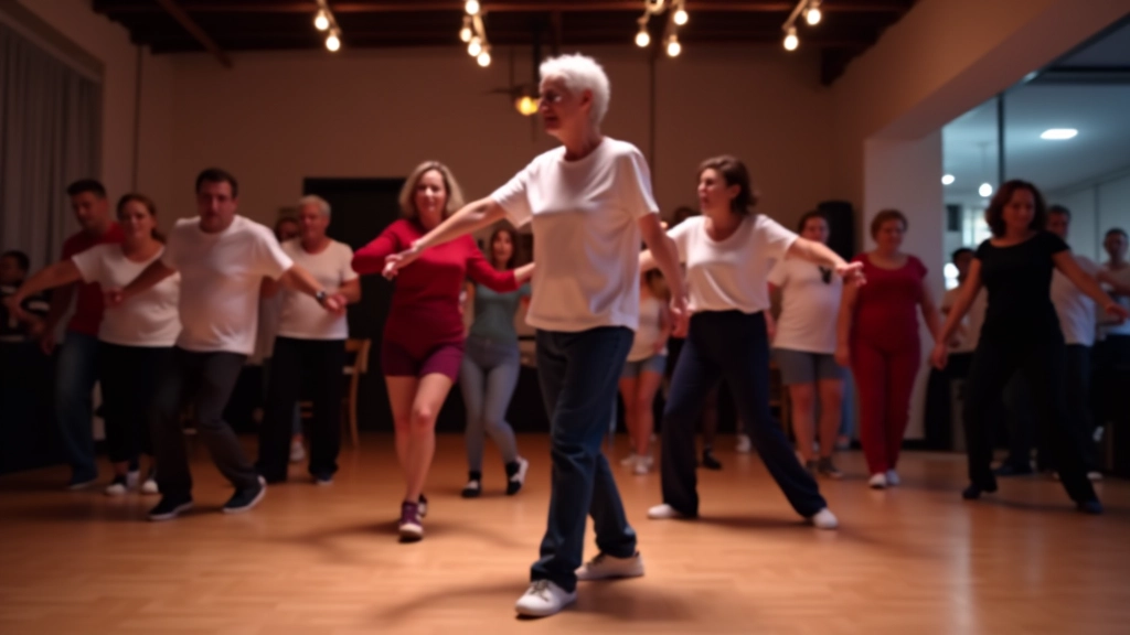 Porto dance studio with modern lighting setup and dancers practicing salsa steps in formation