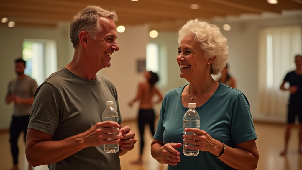 Two confident adults aged 50 dancing together, fully clothed in stylish dance attire at a social dance event